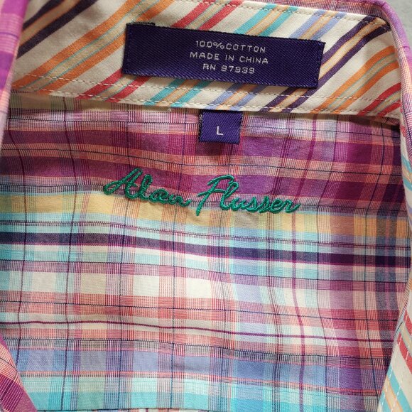 Alan Flusser Button Down Long Sleeve Plaid Shirt Yellow Purple Baby Blue Mn Sz L - Picture 3 of 10